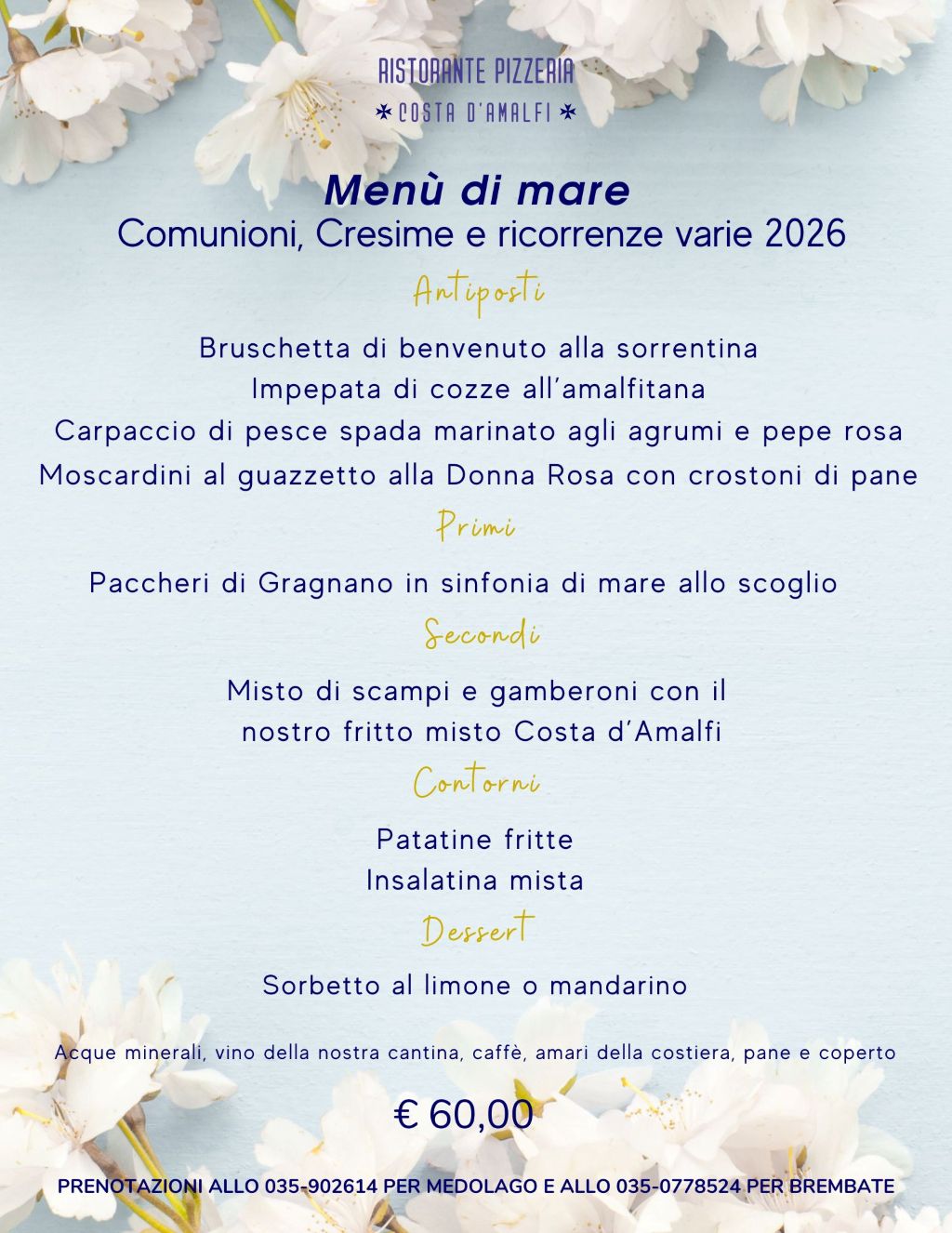 Ristorante Costa d'Amalfi - menù di mare delle feste 2026